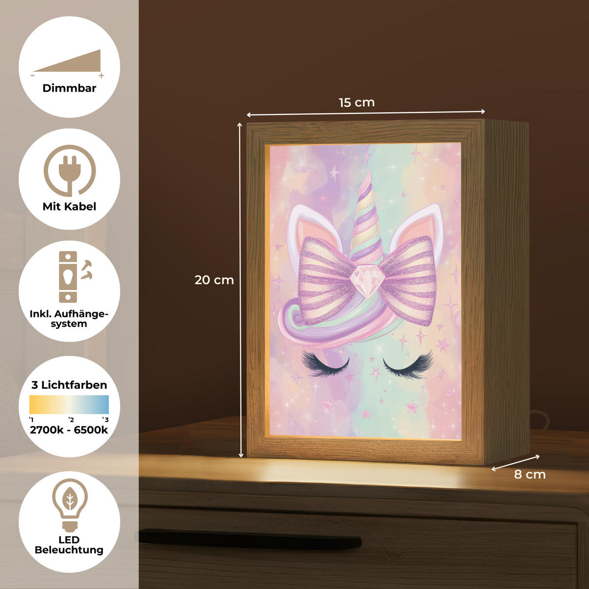 NACHTTISCHLAMPE Einhorn - Glitzer - Regenbogen - Pastell 15x20 cm - Hellrosa, Holzwerkstoff (8/15/20cm)