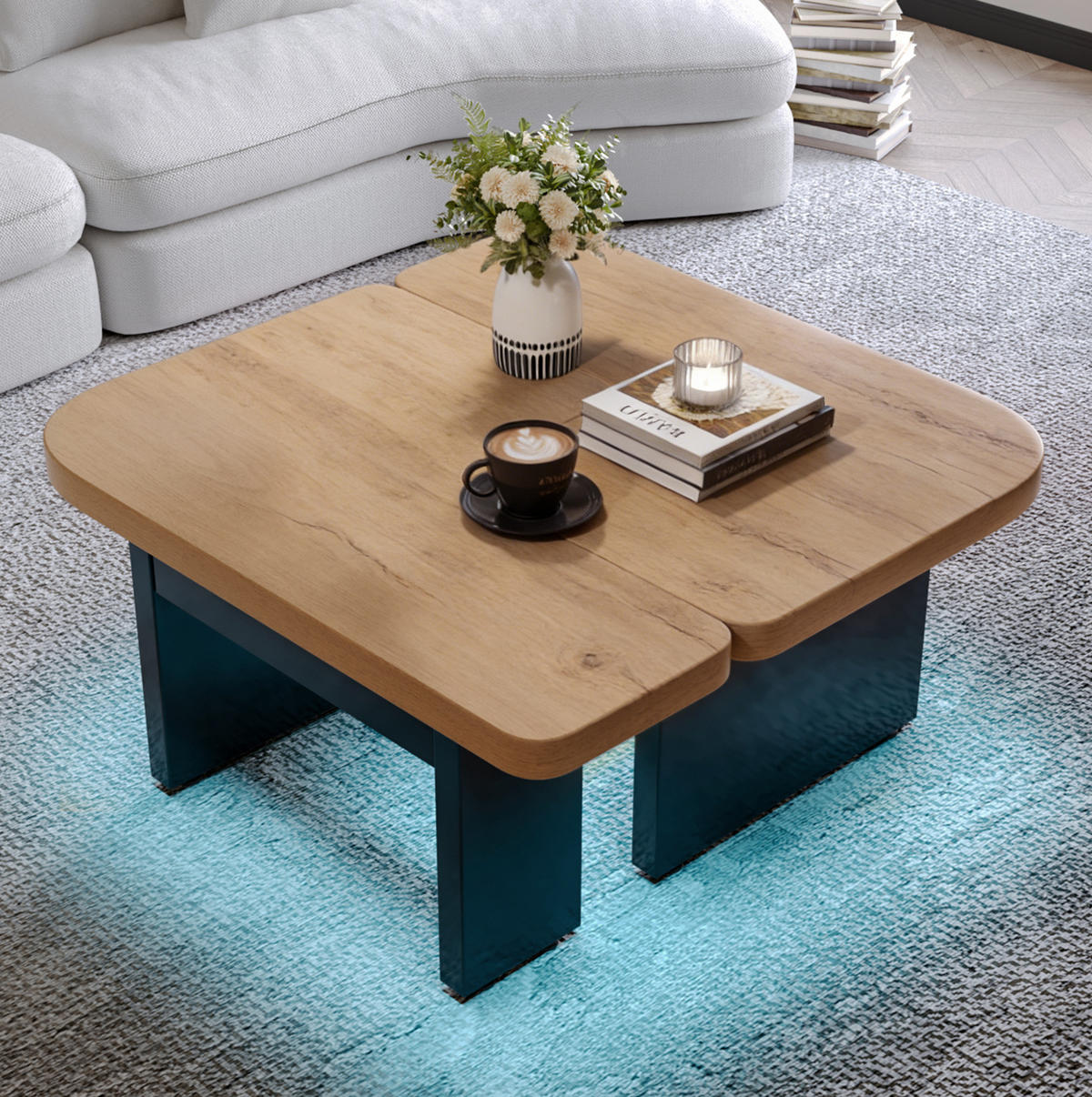 COUCHTISCH 90/60 cm mit LED-Beleuchtung und 2 Schubladen - Naturfarben, Holzwerkstoff (90/60/44.5cm) - BEAOK