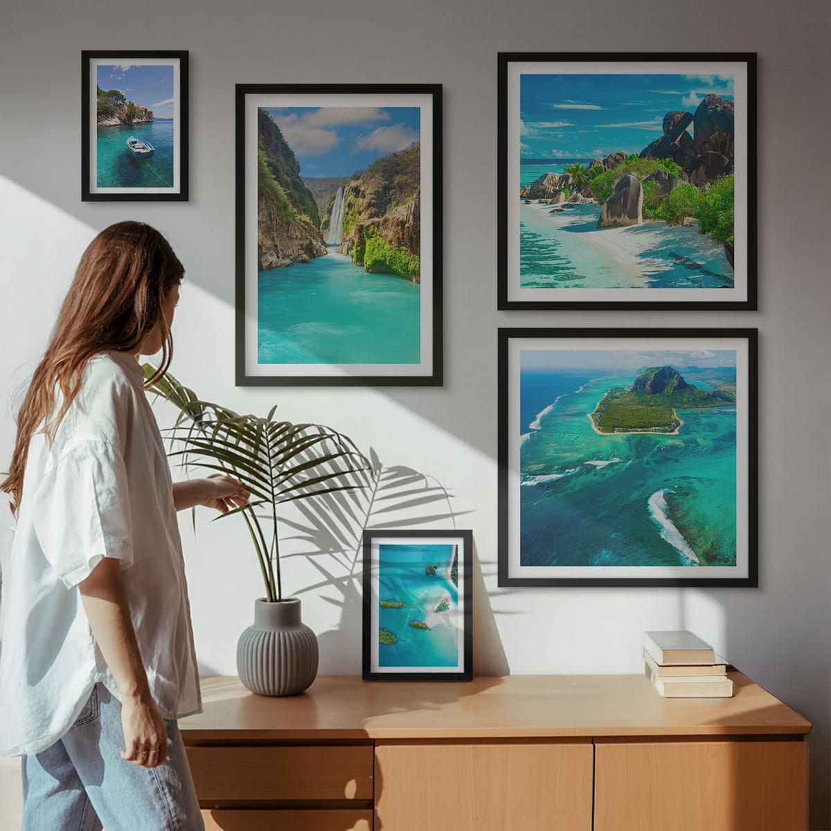 WANDBILDER 5er-Set - 50x50 cm & 20x30 cm & 40x60 cm Schwarzer Rahmen - Seeboote Hirsche Berge - Schwarz, Kunststoff (40/60cm) - ArtPrintCave