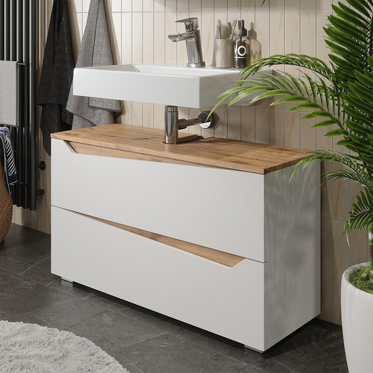 WASCHBECKENUNTERSCHRANK Marelle, Weiß/Artisan-Eiche, 100 x 57.5 cm mit 2 Schubladen - Weiß/Eiche Artisan, Holzwerkstoff (100/57.5/35cm) - Vicco