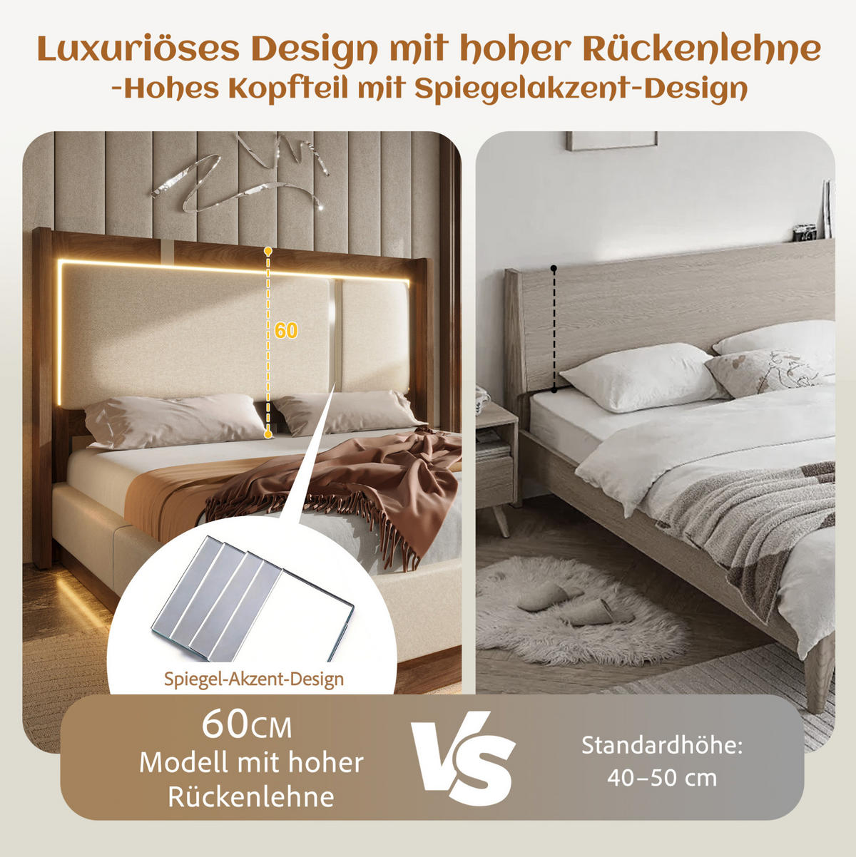 POLSTERBETT 140/190 cm aus Leinen und Holz mit LED und Bettkasten Beige - Beige, Textil (140/190cm) - Modenvie
