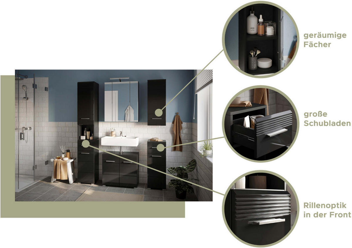 BADMÖBEL-SET schwarz Hochglanz, 2-teilig 60 cm, Badkombination mit Spiegelschrank - Schwarz, Glas/Holzwerkstoff (60/190/34cm) - Inn.Furn