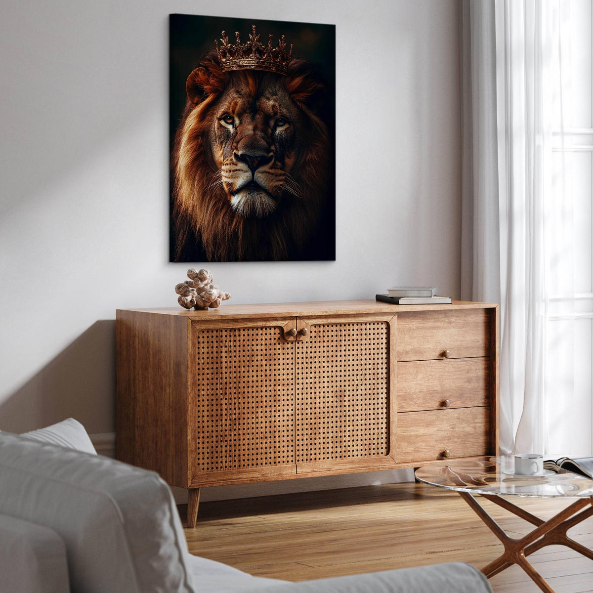 LEINWANDBILD Löwen König Abstraktion 3D Effekt 80cm x 120cm - Beige/Schwarz, Textil (80/120cm) - Muralo