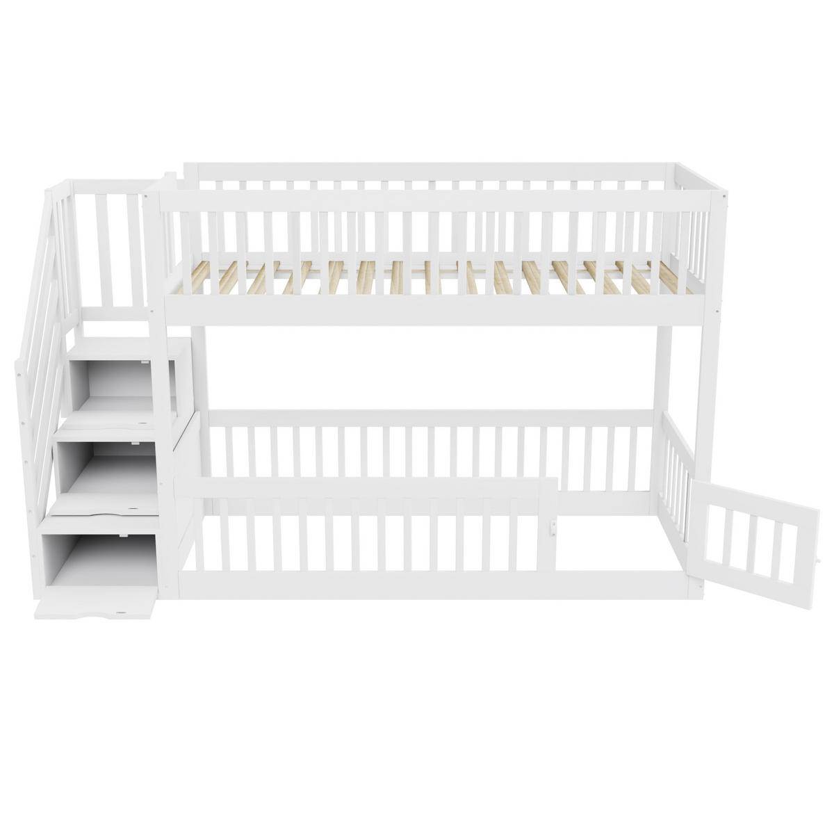 ETAGENBETT Holz 90x200 cm Weiß mit Stauraumtreppe und Schubladen, Kinderbett mit Sicherheitsgitter - Weiß, Holz (90/200cm) - Modfu