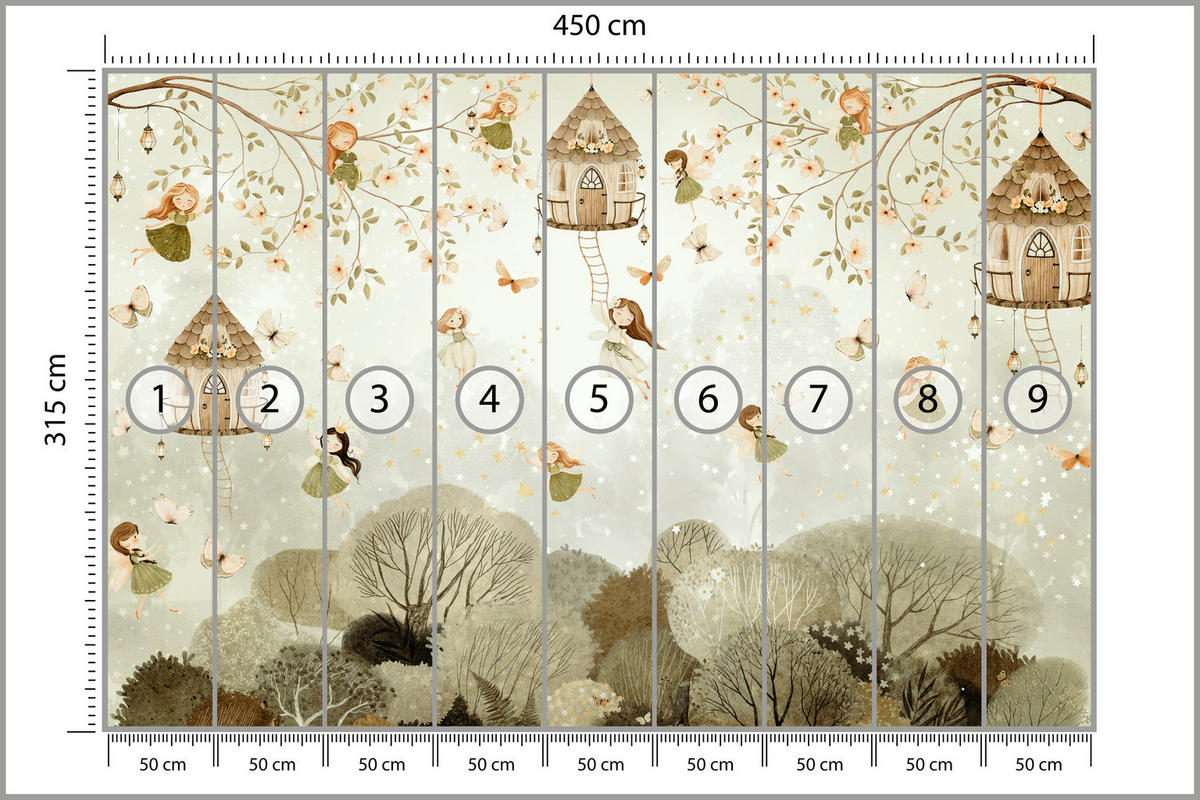 FOTOTAPETE für Kinderzimmer Waldfeen Blumen Sterne Schmetterlinge Baum 450x315 - Beige/Orange, Papier (450/315cm) - Muralo