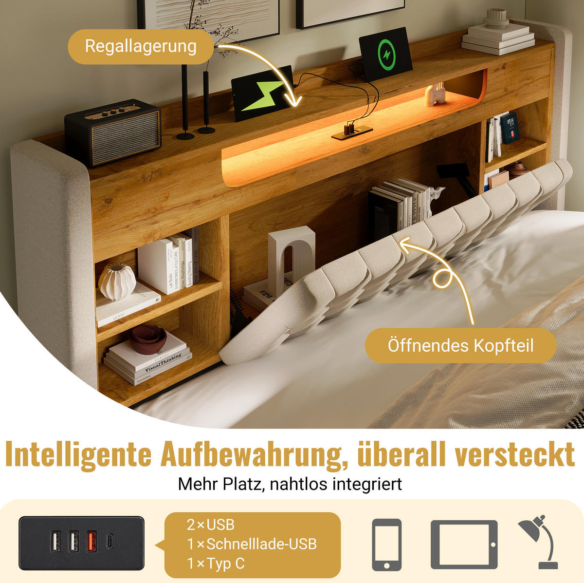 POLSTERBETT aus Leinen 160x200 cm Beige mit hydraulischem Bettkasten, LED, USB-C und Kopfteilregal - Beige, Textil (160/200cm) - Modfu