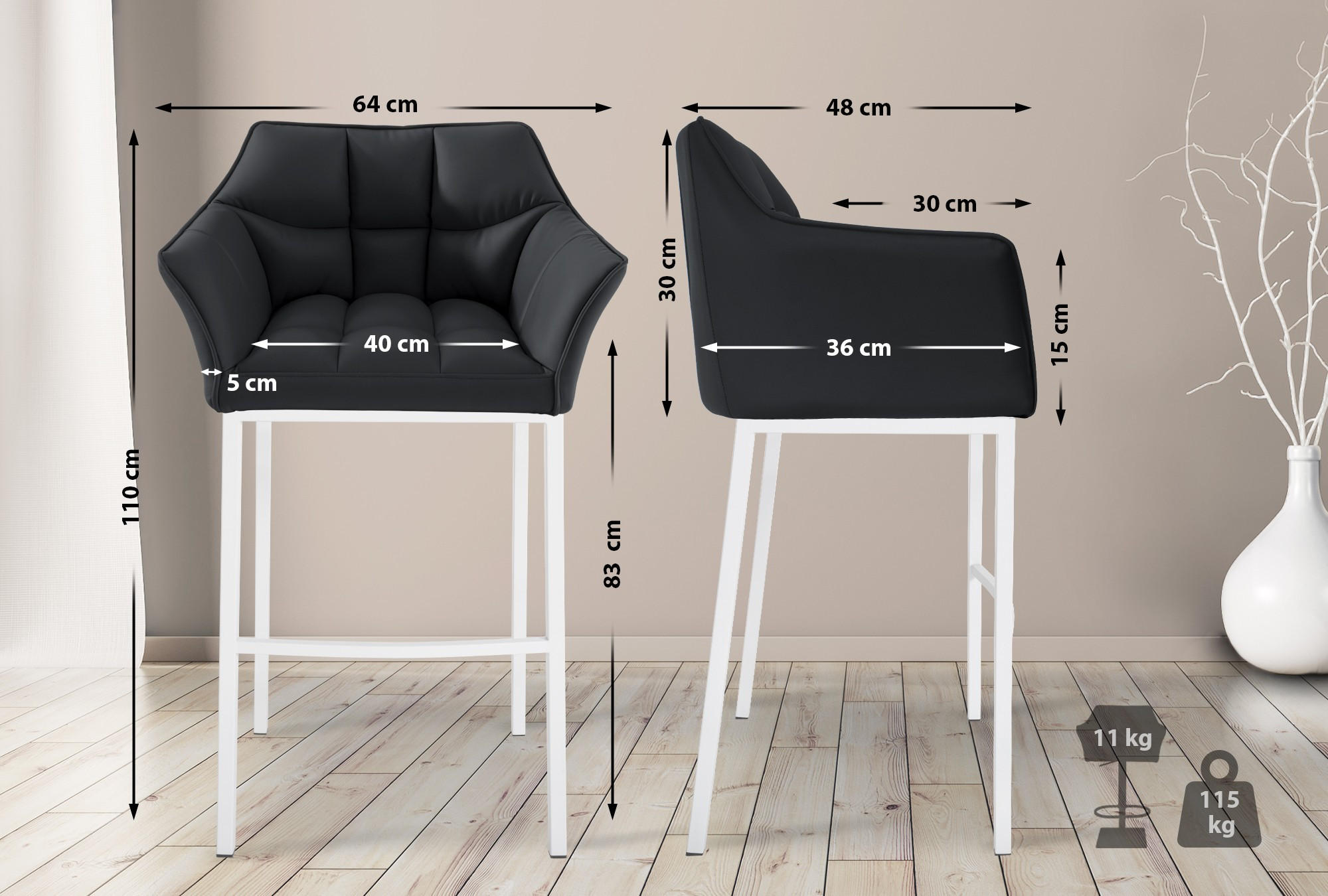 BARHOCKER Lederlook schwarz - Schwarz/Weiß, Textil/Metall (64/110/48cm) - CLP