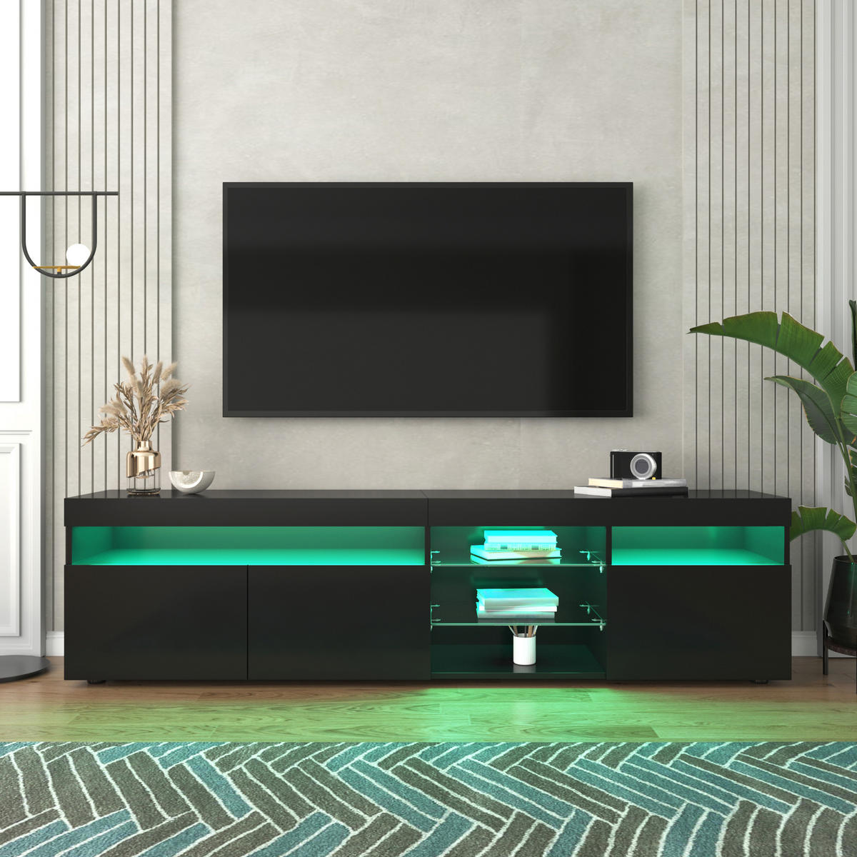LOWBOARD DE-40564 3 Türen mit LED und Glaseinlagen Schwarz - Schwarz, Holzwerkstoff (180/48/35cm) - ComfortXL