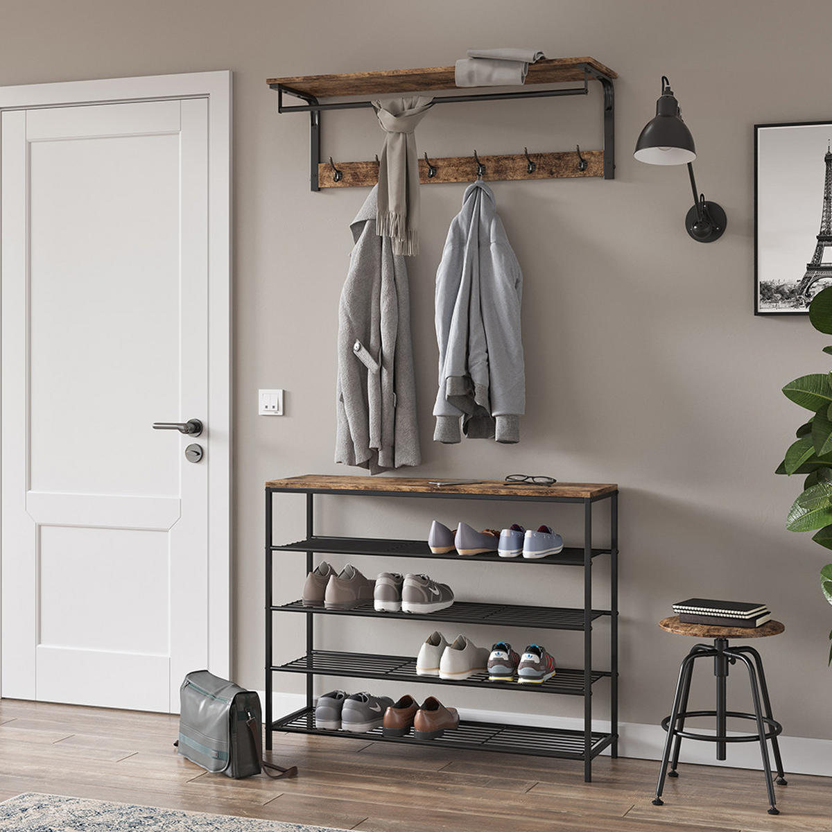 SCHUHBANK Fyrk Eiche rustikal 100 x 80 cm - Wildeiche/Schwarz, Holzwerkstoff (100/80/30cm) - Vicco