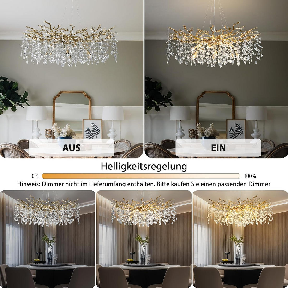 KRONLEUCHTER 120 cm K9‑Kristall Baumzweig Gold für Wohnzimmer und Schlafzimmer - Gelb, Naturmaterialien (78/43/38cm) - Surtime