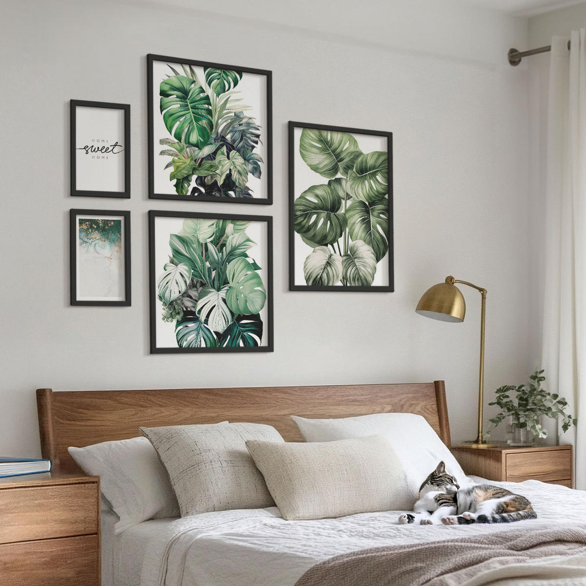 BILDER SET 5er Set - 50x50 cm & 20x30 cm & 40x60 cm Schwarzer Rahmen - Sweet Home Green Plants - Schwarz, Kunststoff (40/60cm) - TULUP