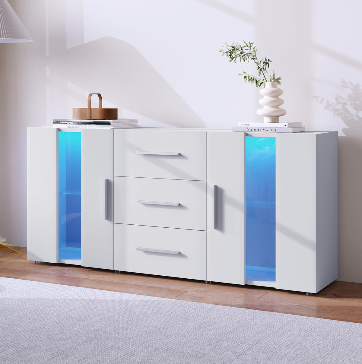 SIDEBOARD 140/35/70 cm weiß MDF mit 16 Farben LED-Leuchten und 3 Schubladen - Weiß, Holzwerkstoff (140/70/35cm) - OKWISH