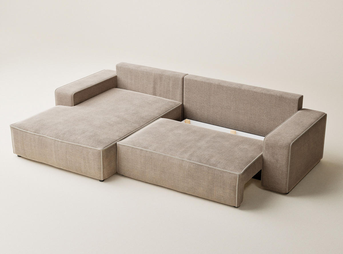 ECKSOFA MIT SCHLAFFUNKTION Modo Creme Chenille-Stoff - Links Seite - Beige/Schwarz, Holz/Holzwerkstoff (185/294cm) - Maison de Reve