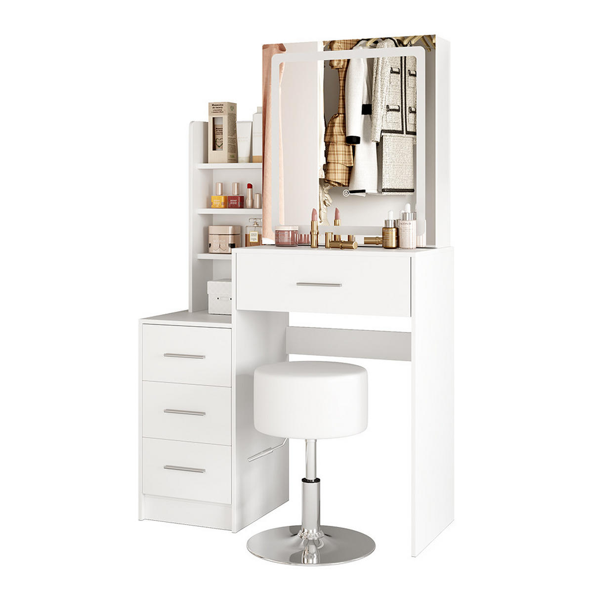 SCHMINKTISCH Lisca Weiß 80 cm mit LED-Spiegel und Hocker - Weiß, Holzwerkstoff (80/131.6/36cm) - Vicco