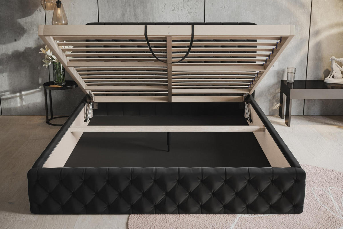 BETT 180x200 - Polsterbett mit Bettkasten und Holzrahmen - Elegant Betten - Weicher Jasminstoff - Kollektion Miami, Schwarz - AlpiMeble - Schwarz, Holz/Kunststoff (180/200cm) - Alpi-Möbel