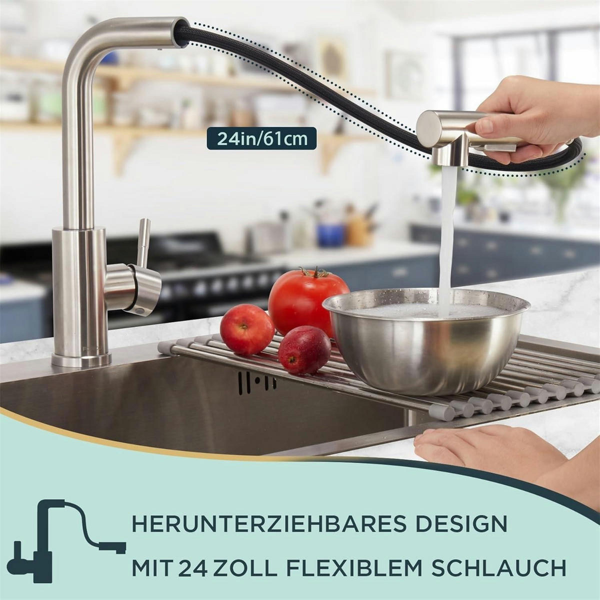 KÜCHENARMATUR mit ausziehbarer Brause, 360° schwenkbar, Edelstahl - Silberfarben, Metall (5/30/18cm)