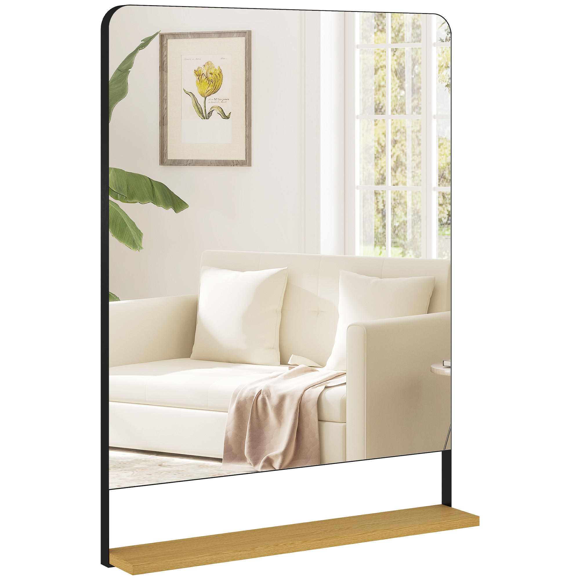 WANDSPIEGEL DE-14360 mit Holzablage, Metallrahmen Schwarz - Schwarz, Glas (80/10/60cm) - ComfortXL