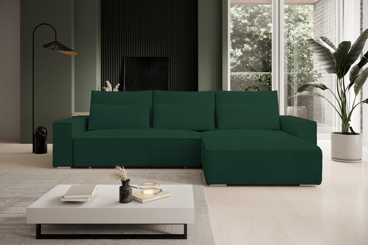 ECKSOFA Alice mit Bettkasten und Schlaffunktion, Cordstoff in L-Form - Grün, Textil (289/184cm)