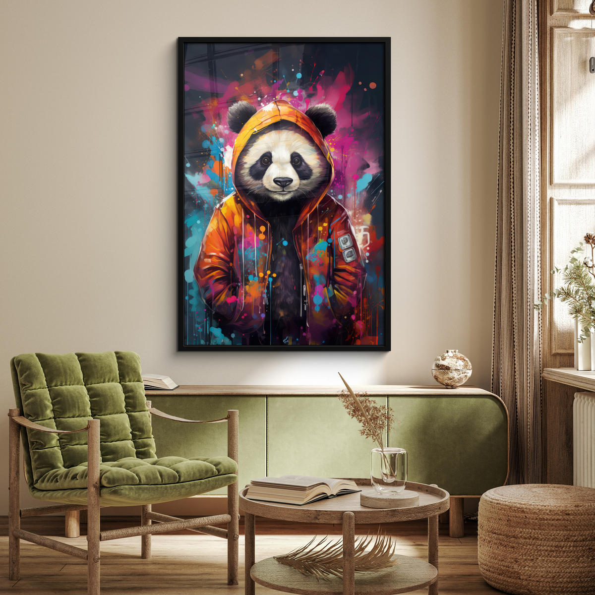 GERAHMTES BILD Panda - Jacke - Graffiti - Orange 80x120 cm - Orange, Papier (80/120cm) - MuchoWow