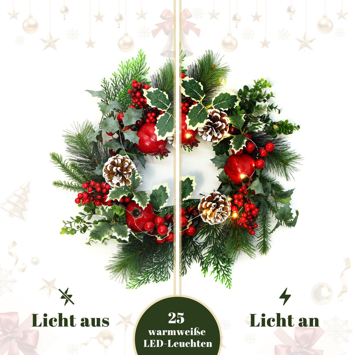 40CM Künstlicher Weihnachtskranz mit LED Beleuchtung & Timer - Grün, Kunststoff (44cm) - Hometopia