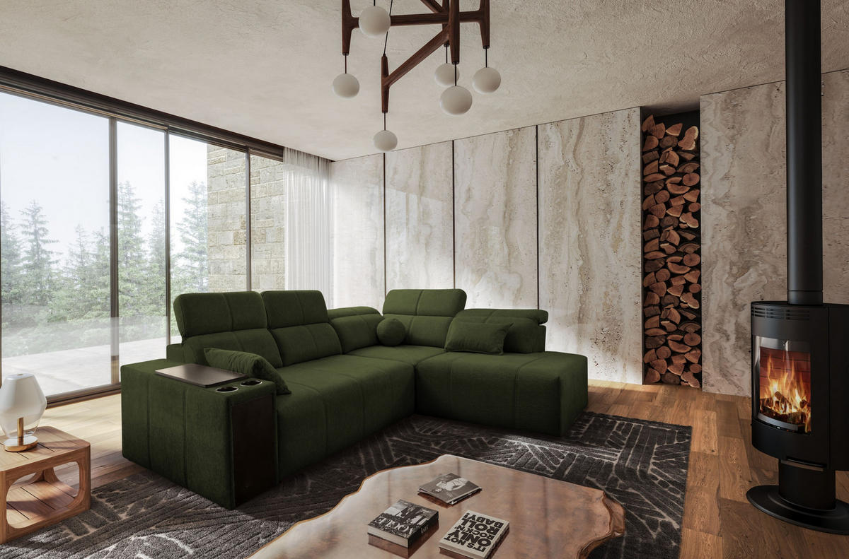 ECKSOFA Mindy VII mit Schlaffunktion und verstellbarer Rückenlehne, Stoff Verita Dunkelgrün Rechts - Dunkelgrün, Holz/Textil (288/230cm) - Kaiser Möbel