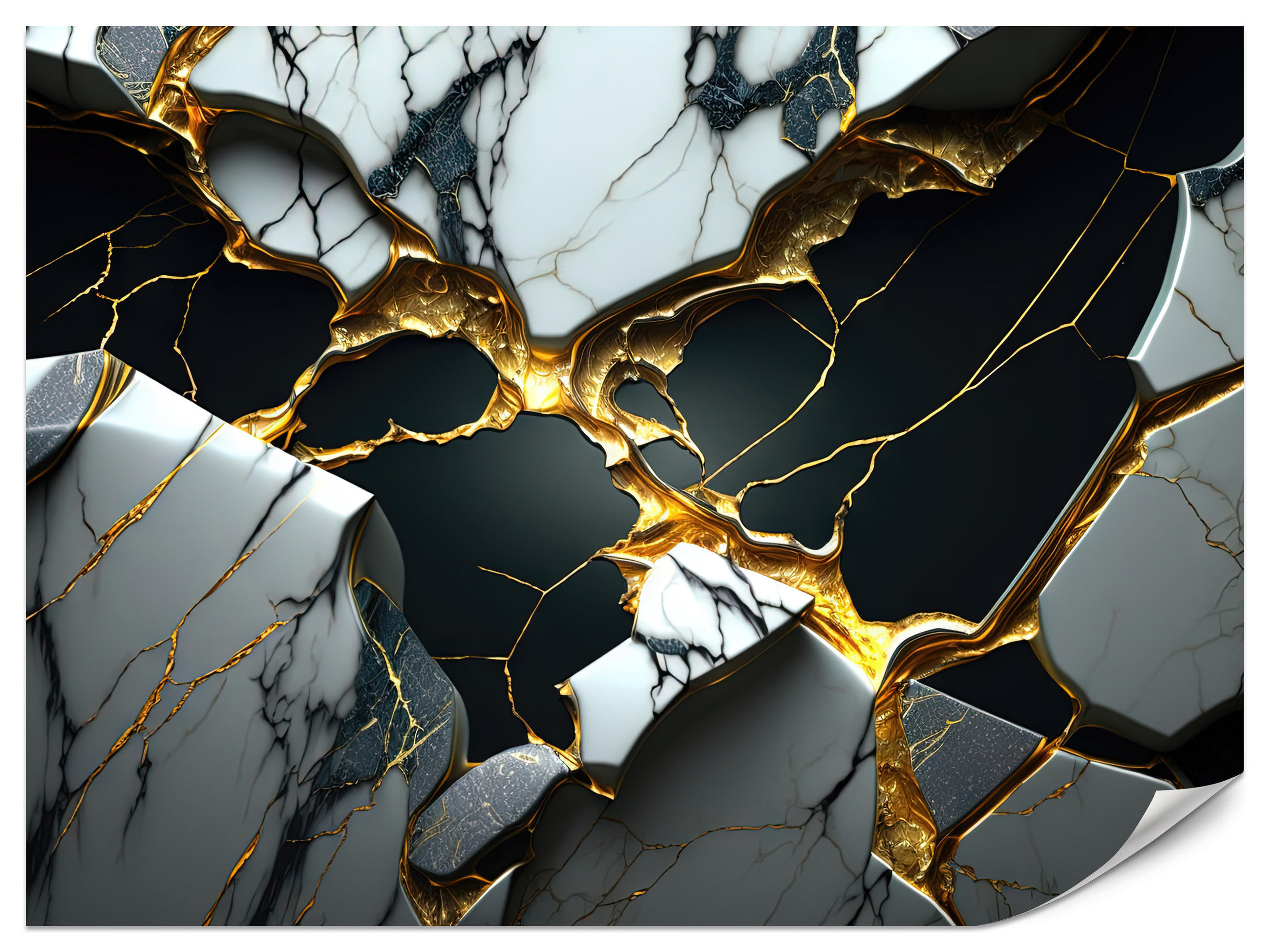 FOTOTAPETE für Wohnzimme Schwarze Weißer Marmor Goldelementen 200x140 - Goldfarben/Schwarz, Papier (200/140cm) - Muralo