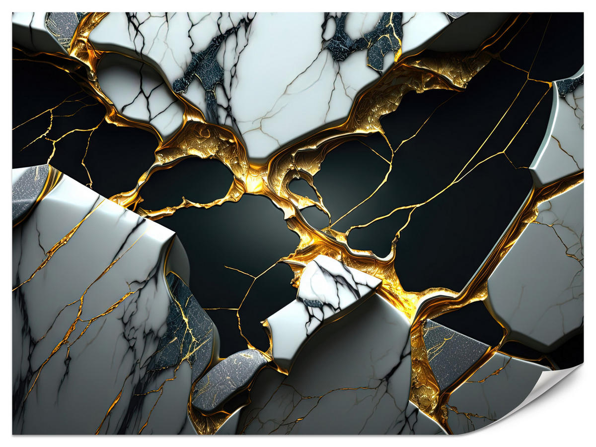 FOTOTAPETE für Wohnzimme Schwarze Weißer Marmor Goldelementen 200x140 - Goldfarben/Schwarz, Papier (200/140cm) - Muralo