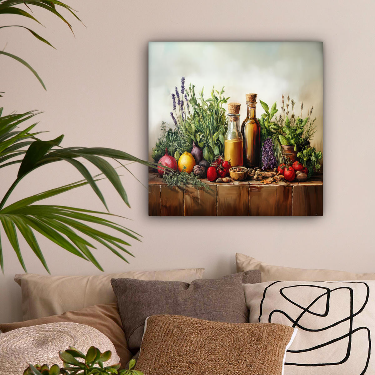 LEINWANDBILD Stilleben - Kräuter - Gewürze - Früchte - Farbenfroh Wandbild Wohnzimmer 50x50 cm - Grün, Textil (50/50cm) - MuchoWow