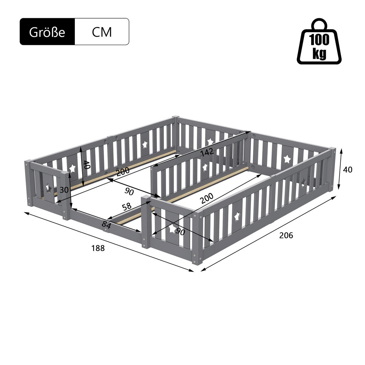 BODENBETT 90x200cm für 2 Kinder mit Rausfallschutz & Sternen-Design, Grau,Ohne Lattenrost - Grau, Holz (90/200cm) - BursDany
