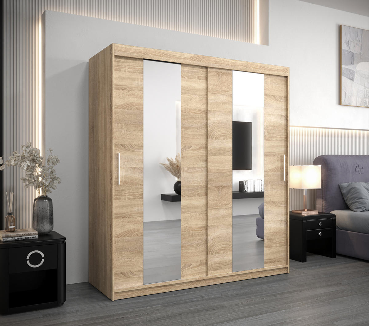SCHWEBETÜRENSCHRANK 200/180/62 2-türig - Silberfarben/Sonoma Eiche, Holz/Kunststoff (180/200/62cm) - MÖBEL KRYSPOL