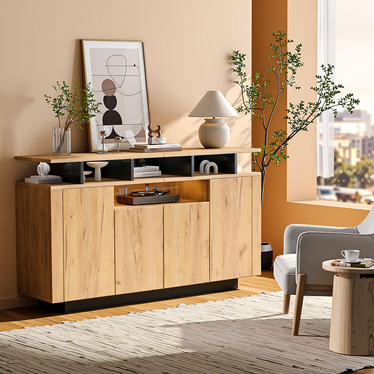 SIDEBOARD 140 cm Naturholz & Schwarz mit 4 Türen & offenen Fächern im modernen Stil - Naturfarben, Holzwerkstoff (140/85/40cm) - Urban Meuble