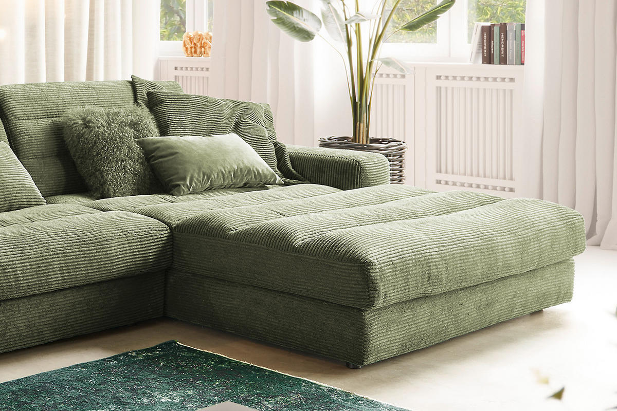 ECKSOFA XL LANA Grün Cord - Schwarz/Grün, Textil (416/205cm) - KAWOLA