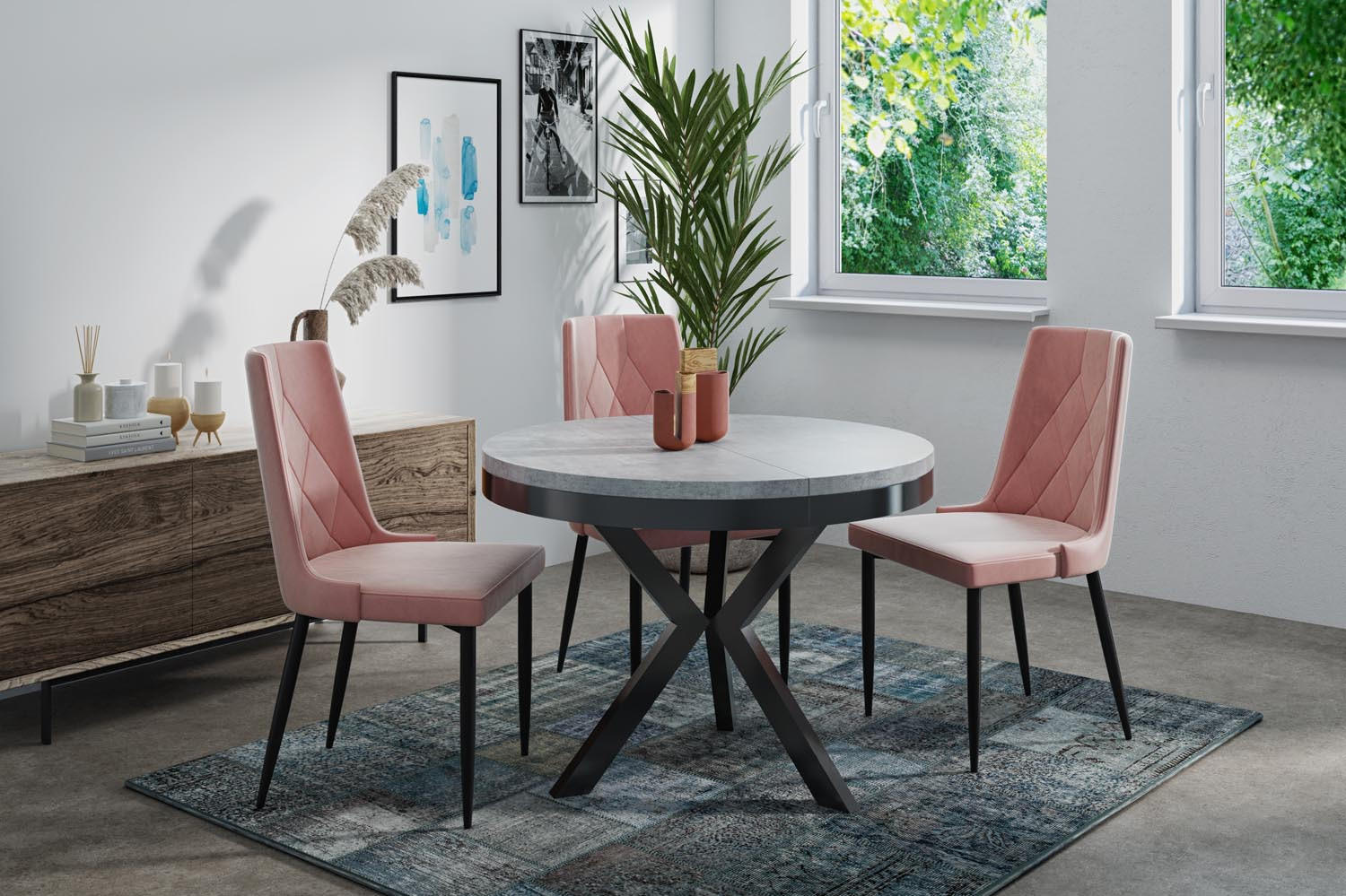 ESSTISCH Velma runder ausziehbarer, Grauer Beton 100-140/100/76 cm - Hellgrau/Schwarz, Holzwerkstoff/Metall (100/100/76cm) - WFL GROUP