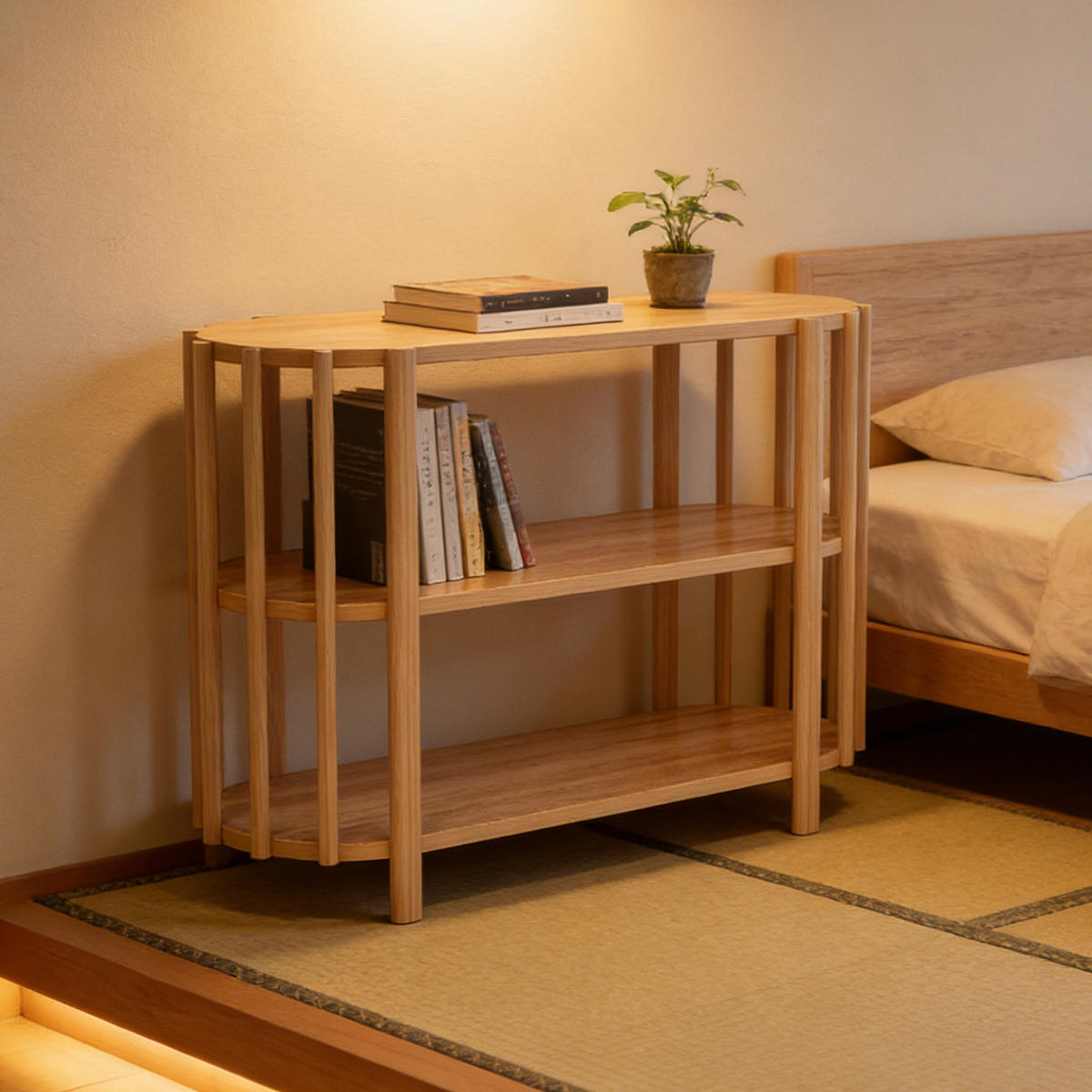 OVALER Couchtisch mit 3 Ablagen – Wohnzimmertisch in Holzoptik, MDF, 114 × 38 × 75 cm, Natur - Naturfarben, Holzwerkstoff (114/38/75cm) - Ej. Life