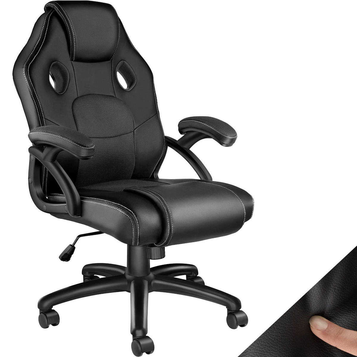 BÜROSTUHL Mike,stufenlos höhenverstellbar,schwarz - Schwarz, Leder (68/114.5/69cm) - tectake