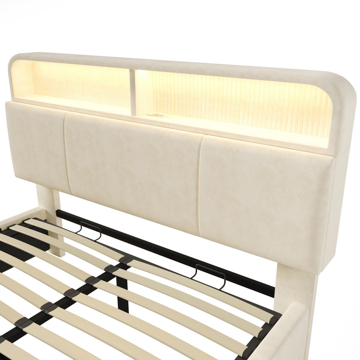 POLSTERBETT mit Stauraum 180x200 cm Samt Beige mit LED & USB - Beige, Metall (180/200cm) - Meubliv