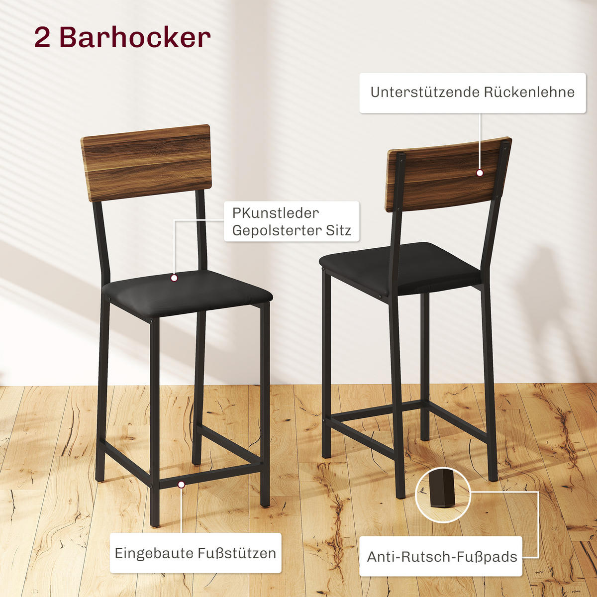 BARTISCH mit Barhocker Set, 3-tlg. 2 Barstühlen, Stahlrahmen Braun - Braun, Metall (140/116/40cm) - HOMCOM