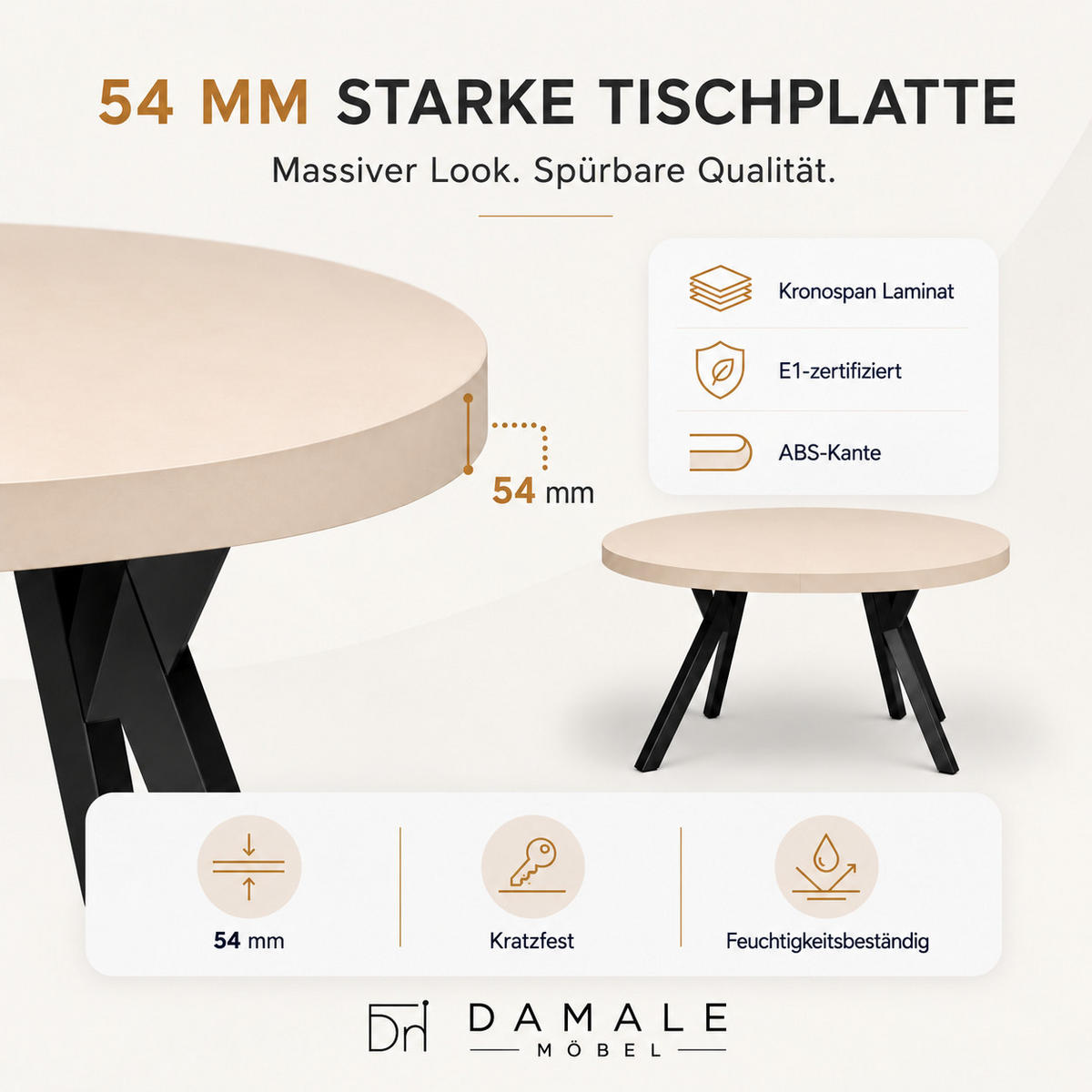 ESSTISCH rund ausziehbar 90/190/76 cm, Kaschmir, 54 cm Tischplatte + Y Metallgestell Schwarz - Kaschmir/Schwarz, Holzwerkstoff/Metall (90/190/76cm) - Damale Möbel