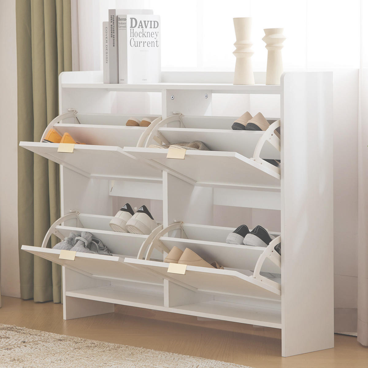 SCHUHSCHRANK Modern freistehend 4 Fächer Weiß 110x24x90cm - Weiß, Holzwerkstoff (24/90/110cm) - FLIEKS