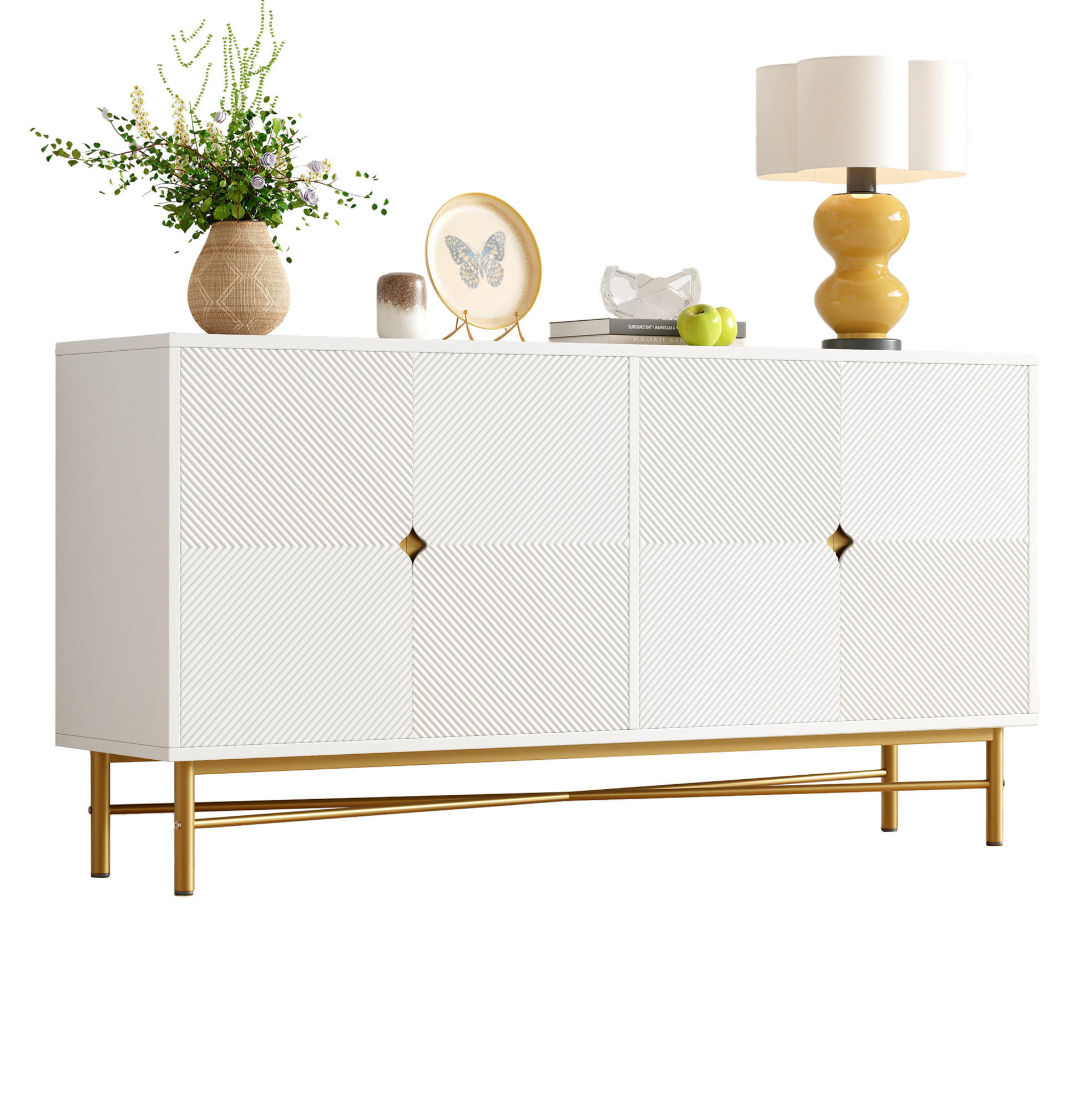 SIDEBOARD 160/40/82 cm in Weiß mit 4 Türen, Soft-Close und Goldakzenten - Weiß, Holzwerkstoff (160/82/40cm) - Flora Grace