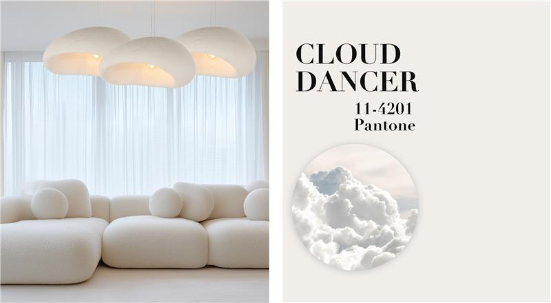 Helles Wohnzimmer mit weißer Couch, Hängelampe und Text "Cloud Dancer 11-4201 Pantone"