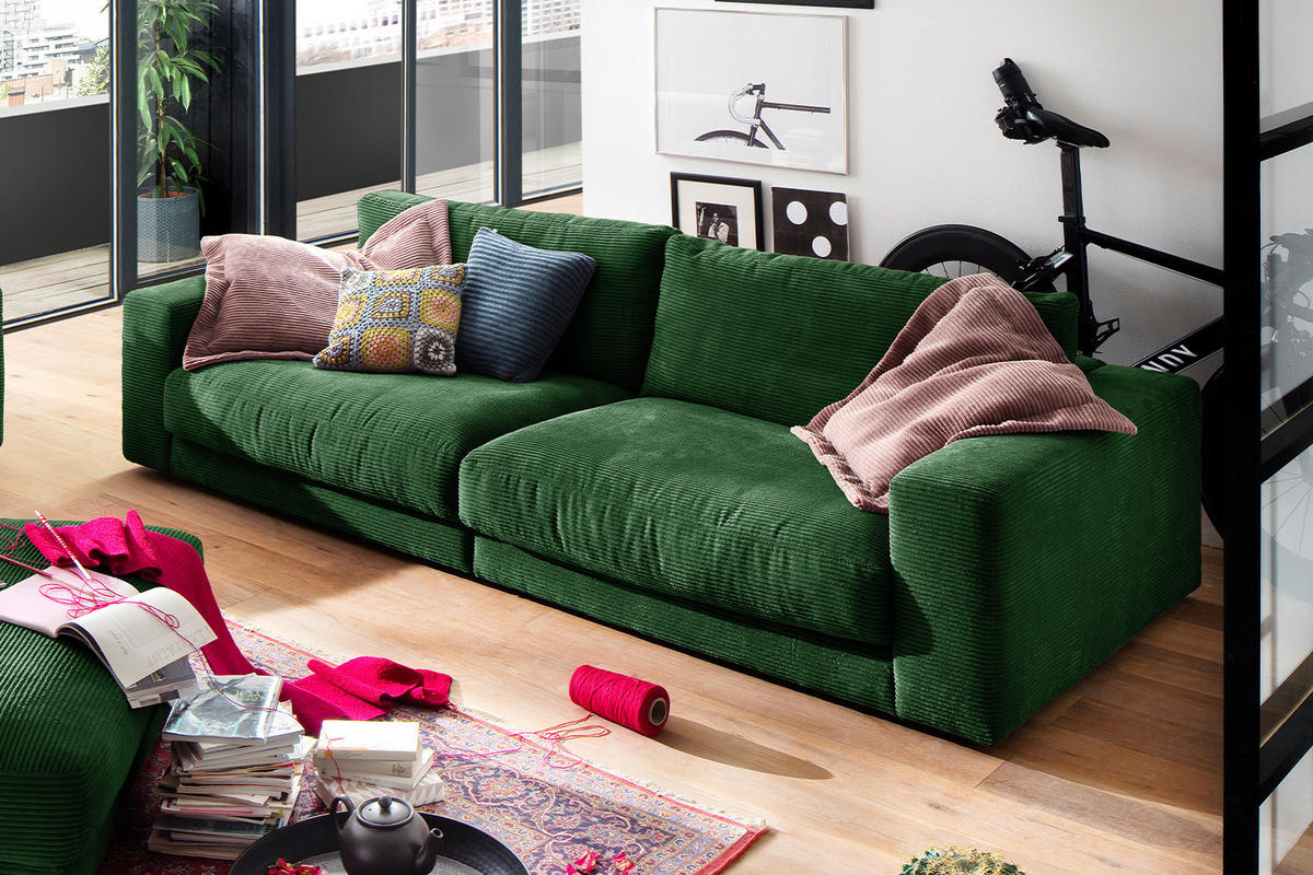 SOFA 3-SITZER MADELINE Smaragdgrün Cord - Smaragdgrün/Dunkelgrün, Textil (290/85/127cm) - KAWOLA