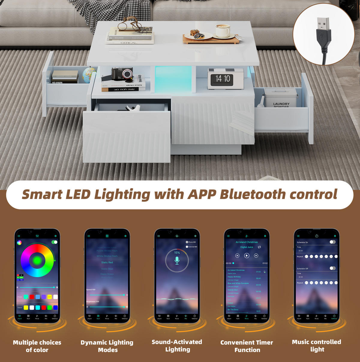 COUCHTISCH 70/70/40 cm weiß aus Spanplatte mit LED und 4 Schubladen - Weiß, Holzwerkstoff (70/70/40cm) - OKMYHOME