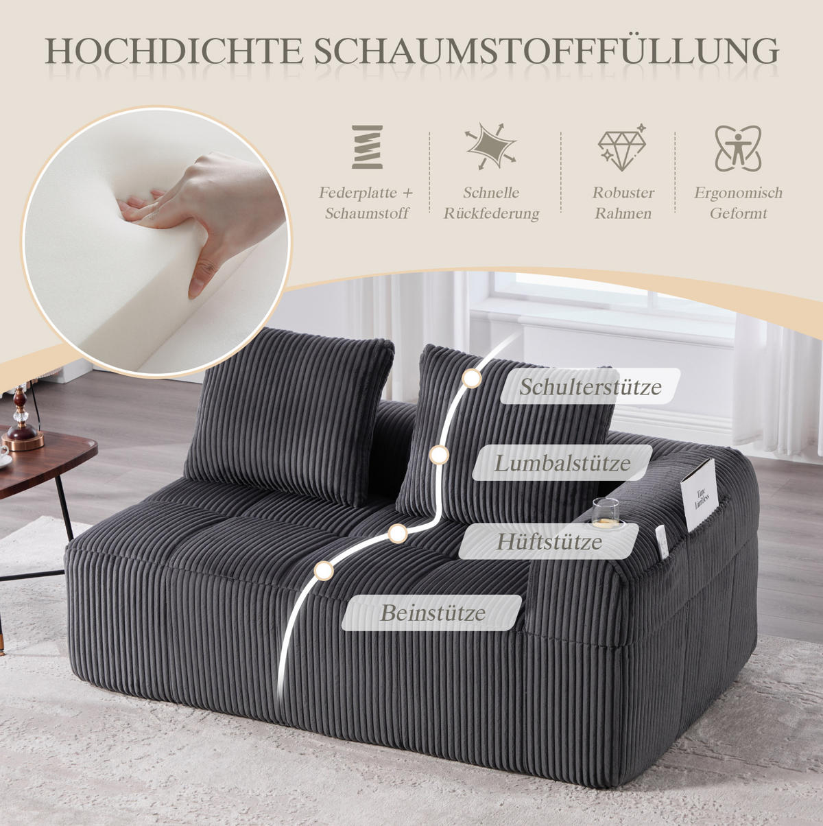 2-SITZER 158/93/61 cm Dunkelgrau aus Cord mit Seitenfächern und Becherhaltern - Dunkelgrau, Textil (93/61/158cm) - OKMYHOME