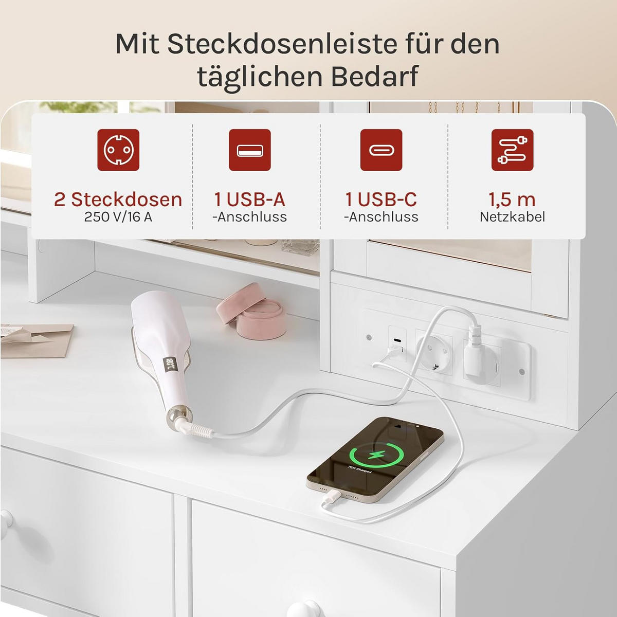 SCHMINKTISCH mit LED Beleuchtung, Spiegel, Einstellbarer Helligkeit, Weiß - Weiß, Glas/Holzwerkstoff (108/139/40cm) - Woltu