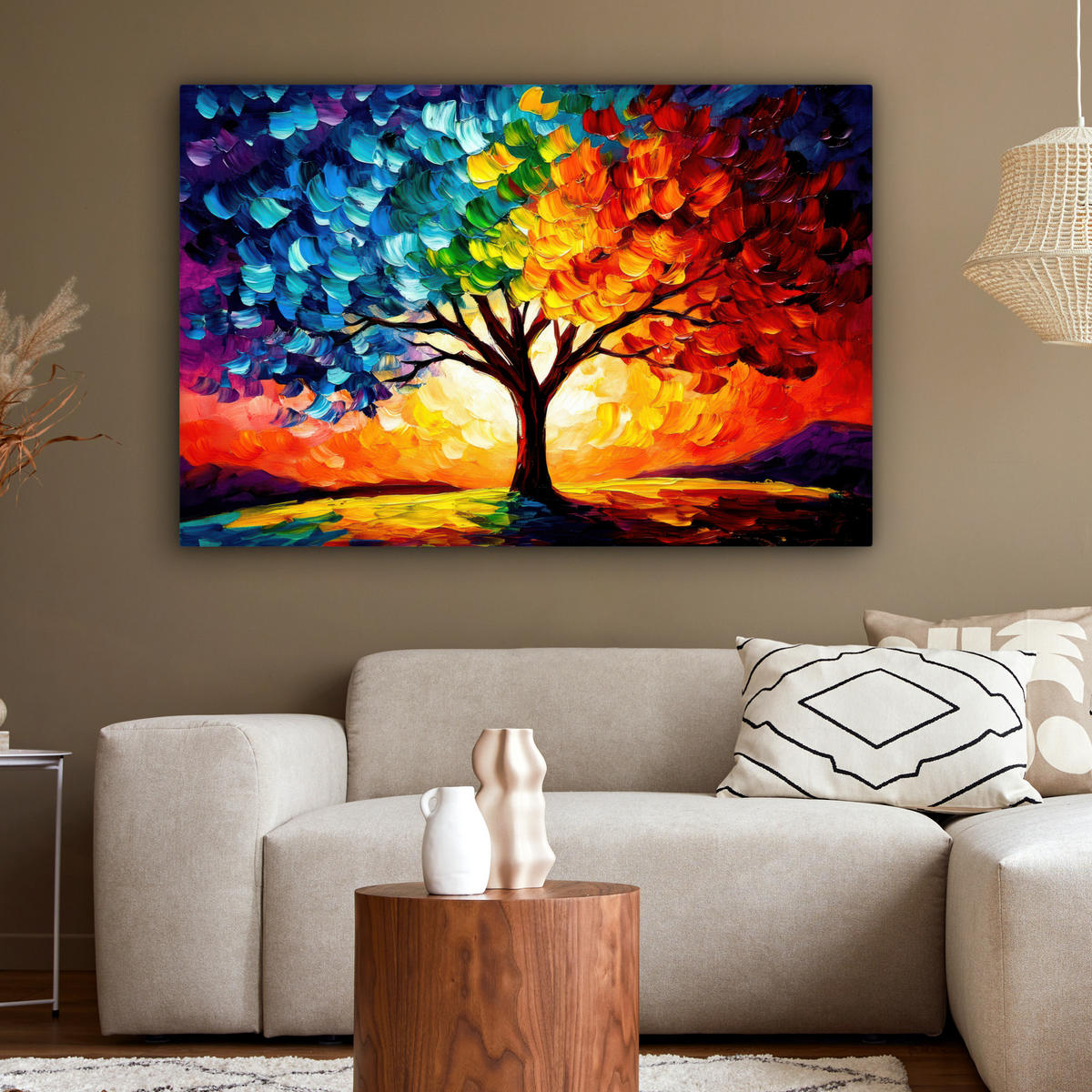 LEINWANDBILD - Baum - Kunst - Natur - Sonnenuntergang - 120x80 - Kunstdruck - Multicolor, Textil (120/80cm) - MuchoWow