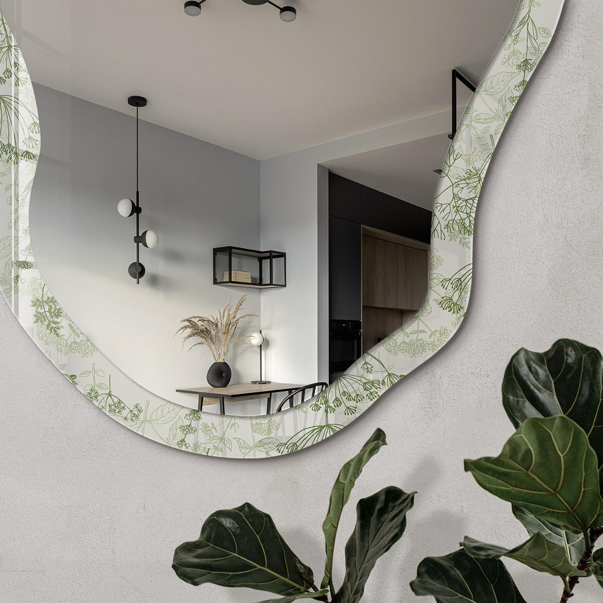 SPIEGEL 90x45 cm asymmetrisch mit Druck - Grüne Kräuter - Transparent, Glas (45/90/0.4cm) - TULUP