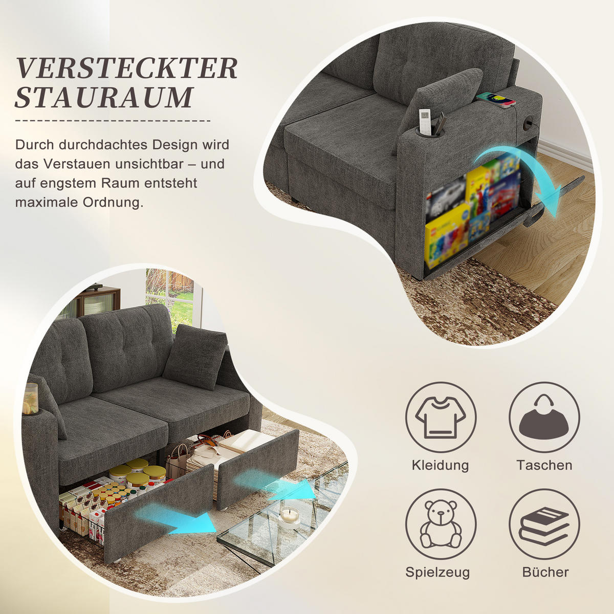 2-SITZER SOFA Chenille Grau mit USB, Schubladen und Getränkehaltern - Grau, Textil/Metall (172/82/75cm) - WISHDOR