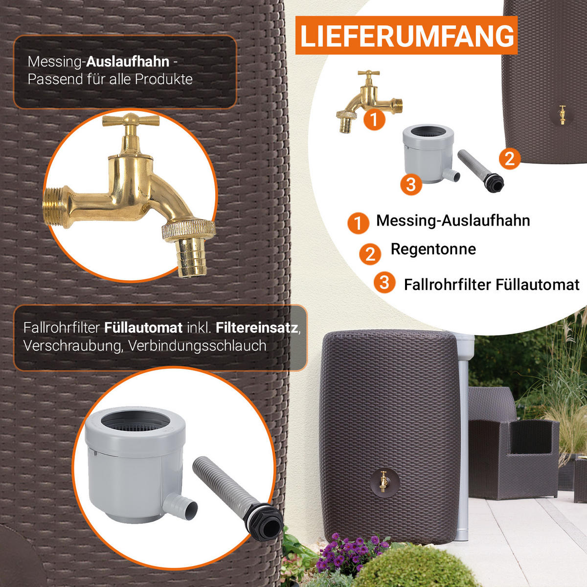 WANDTANK Komplett-Set 300 L mocca inkl. Messing-Auslaufhahn und Fallrohranschluss - Mokka, Kunststoff (40/118/80cm) - GARANTIA