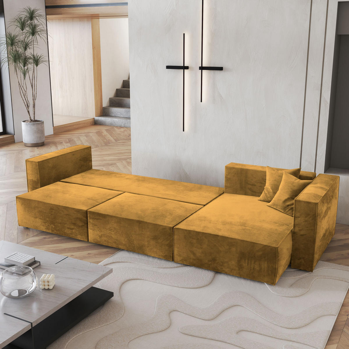 ECKSOFA TOLMO M Gelb Velours-Stoff mit Schlaffunktion - Gelb, Holz (347/148cm) - MASSENO